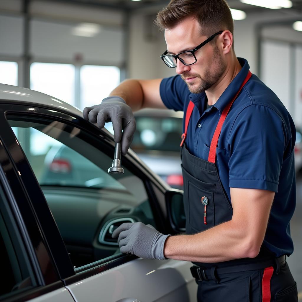 Technician installing a new car window in an auto repair shop in Ypsilanti, MI