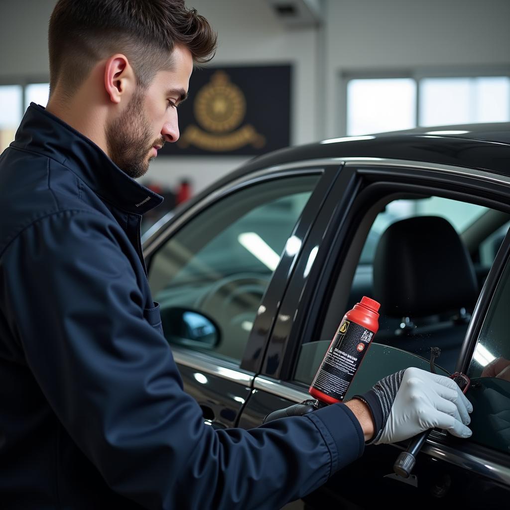 Professional repairing a car window scratch in Dubai