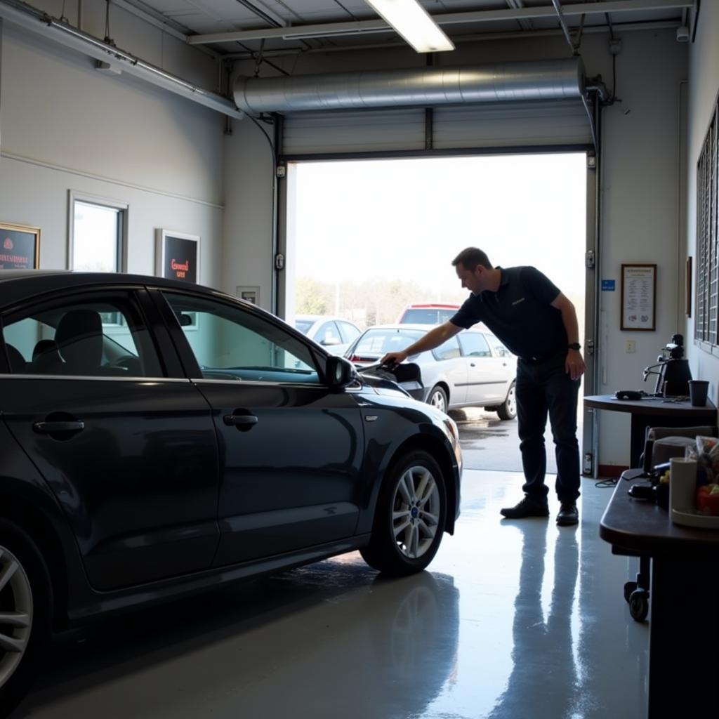 Car being worked on inside a professional window tint repair shop