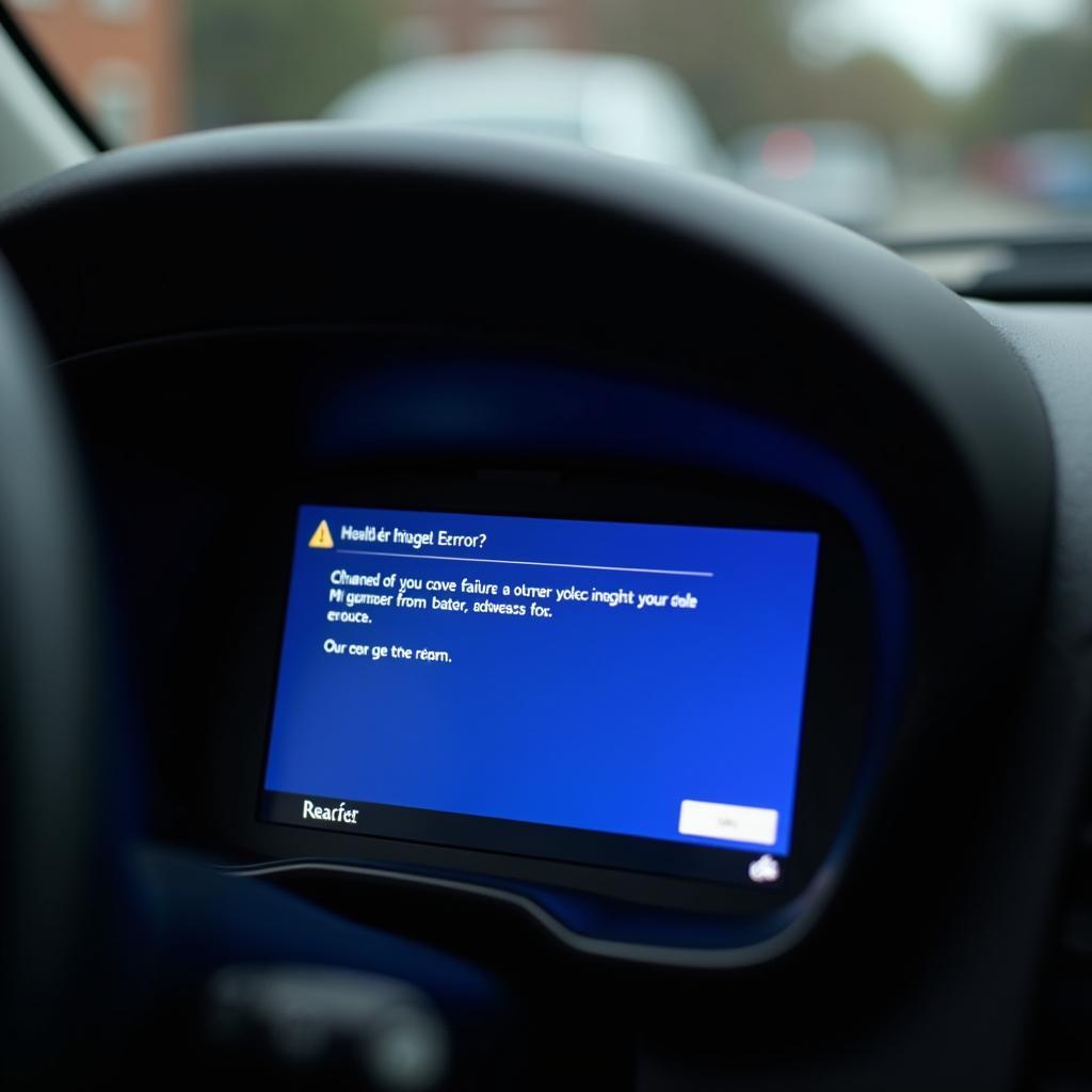 Car dashboard displaying a Windows XP error message