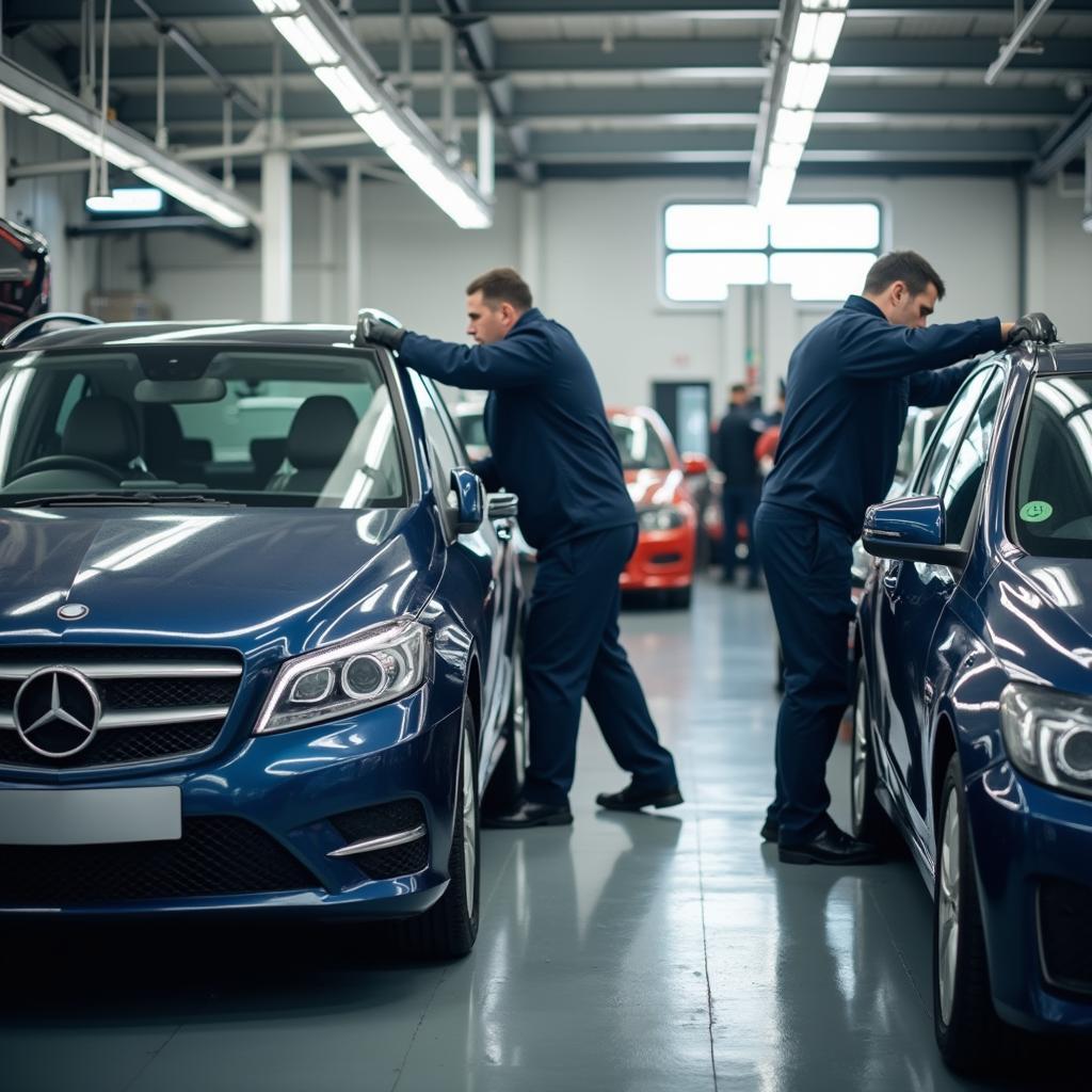 A bustling car windscreen repair shop in Dublin with mechanics working on vehicles