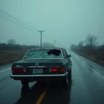 Car with a shattered window stranded on a deserted road.