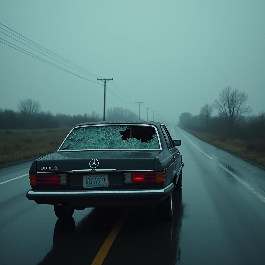 Car with a shattered window stranded on a deserted road.