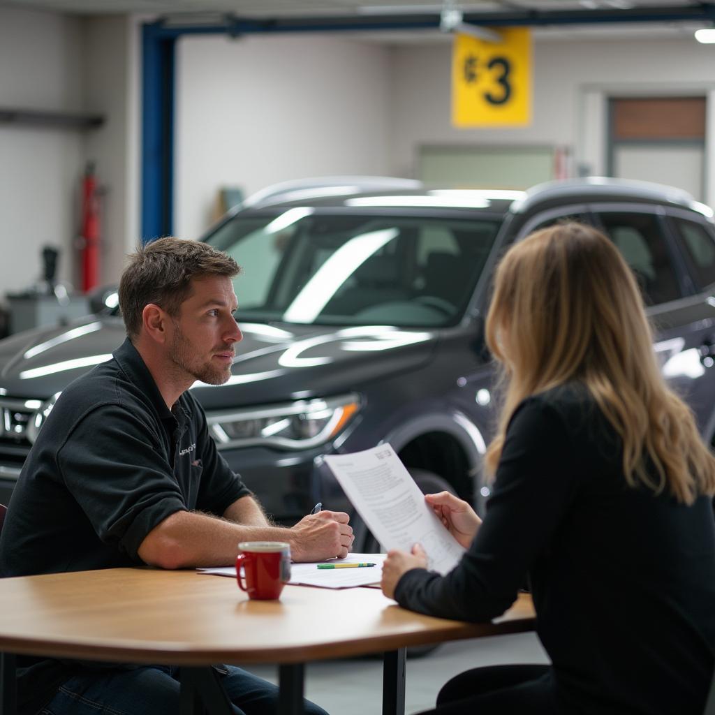 Car owner discussing insurance claim with Centerville body shop representative 