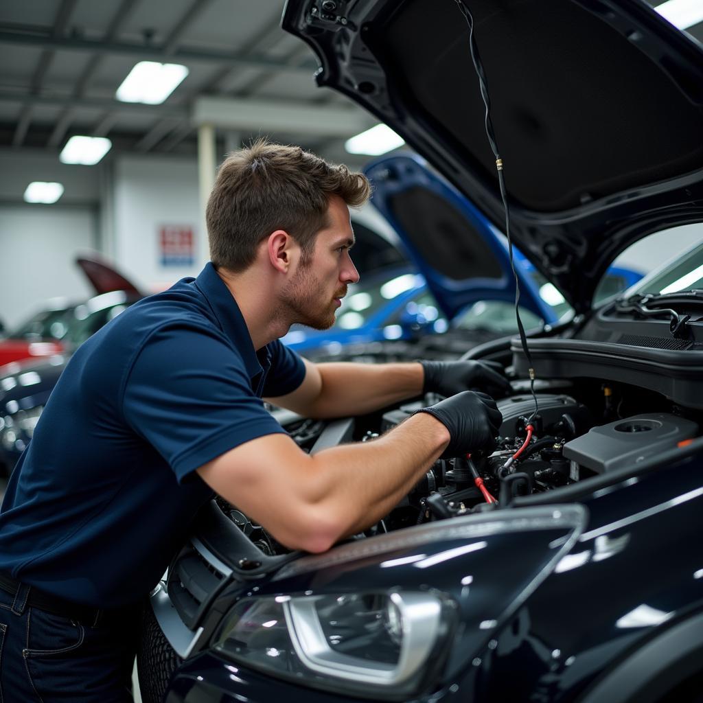 Certified Car AC Technician Performing Repairs in Crewe