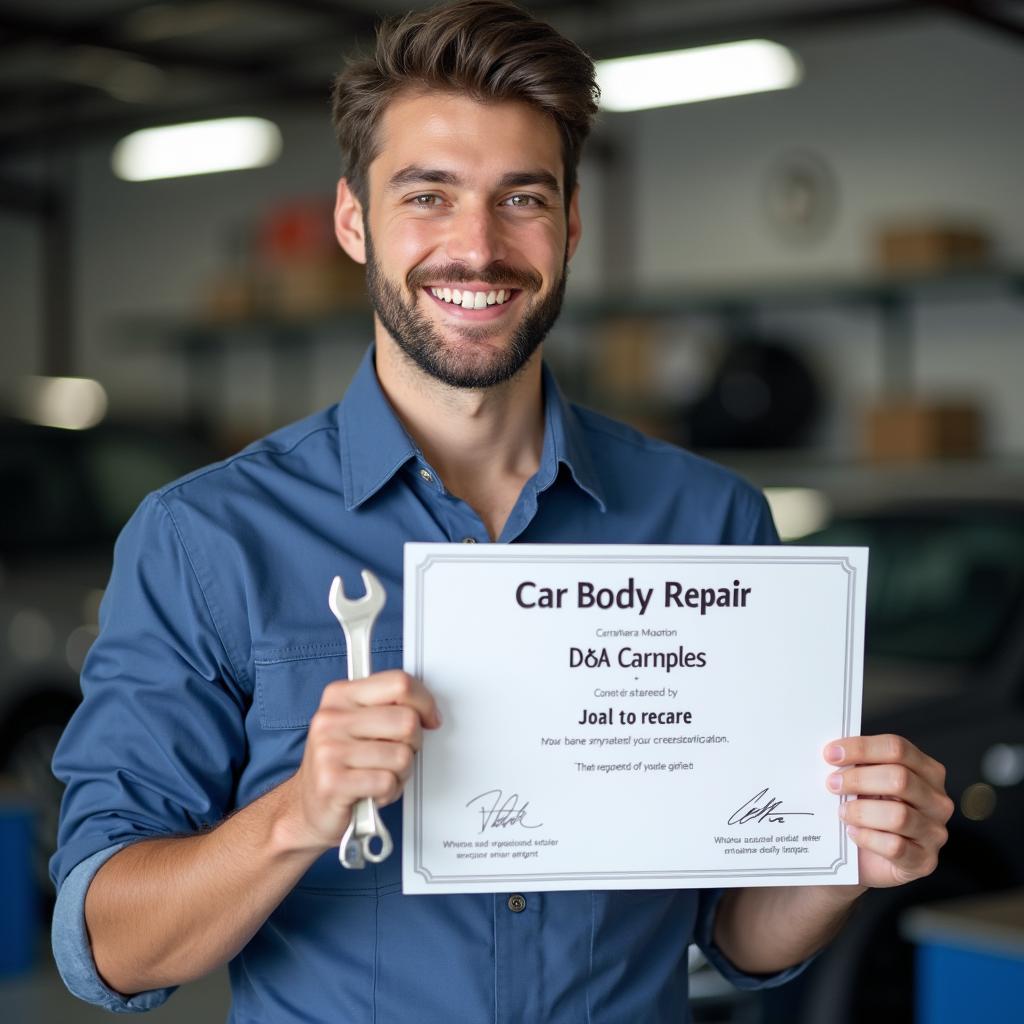 Smiling car body repair technician in Essex holding his certificate