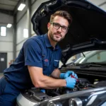 Certified Car Mechanic Working on AC System