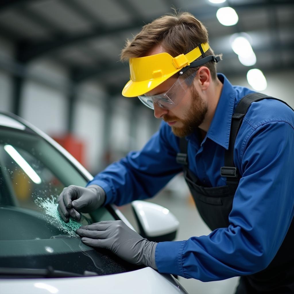 Certified Car Window Technician Working on a Windshield