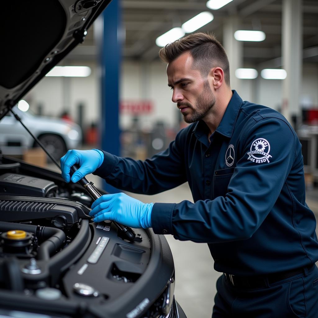 Certified Mercedes Technician Working on a Car in Dubai