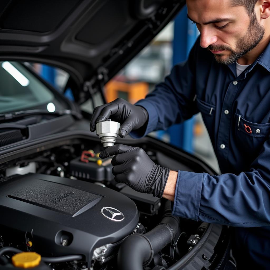 Certified Mercedes Technician Working on an Engine