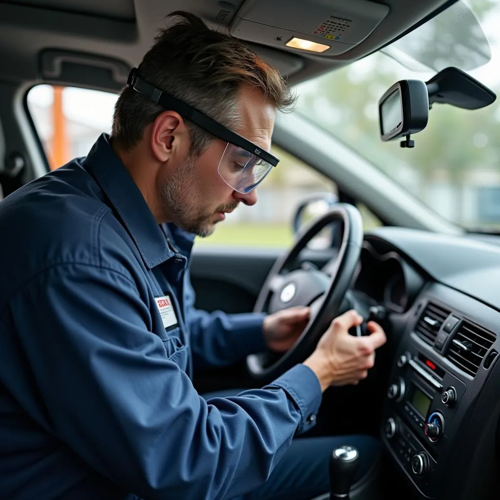 Certified technician repairing a car dashboard