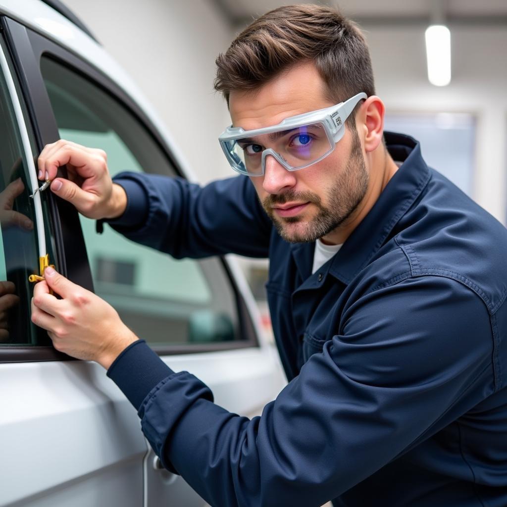 Certified technician performing car window repair in Farmington, MO