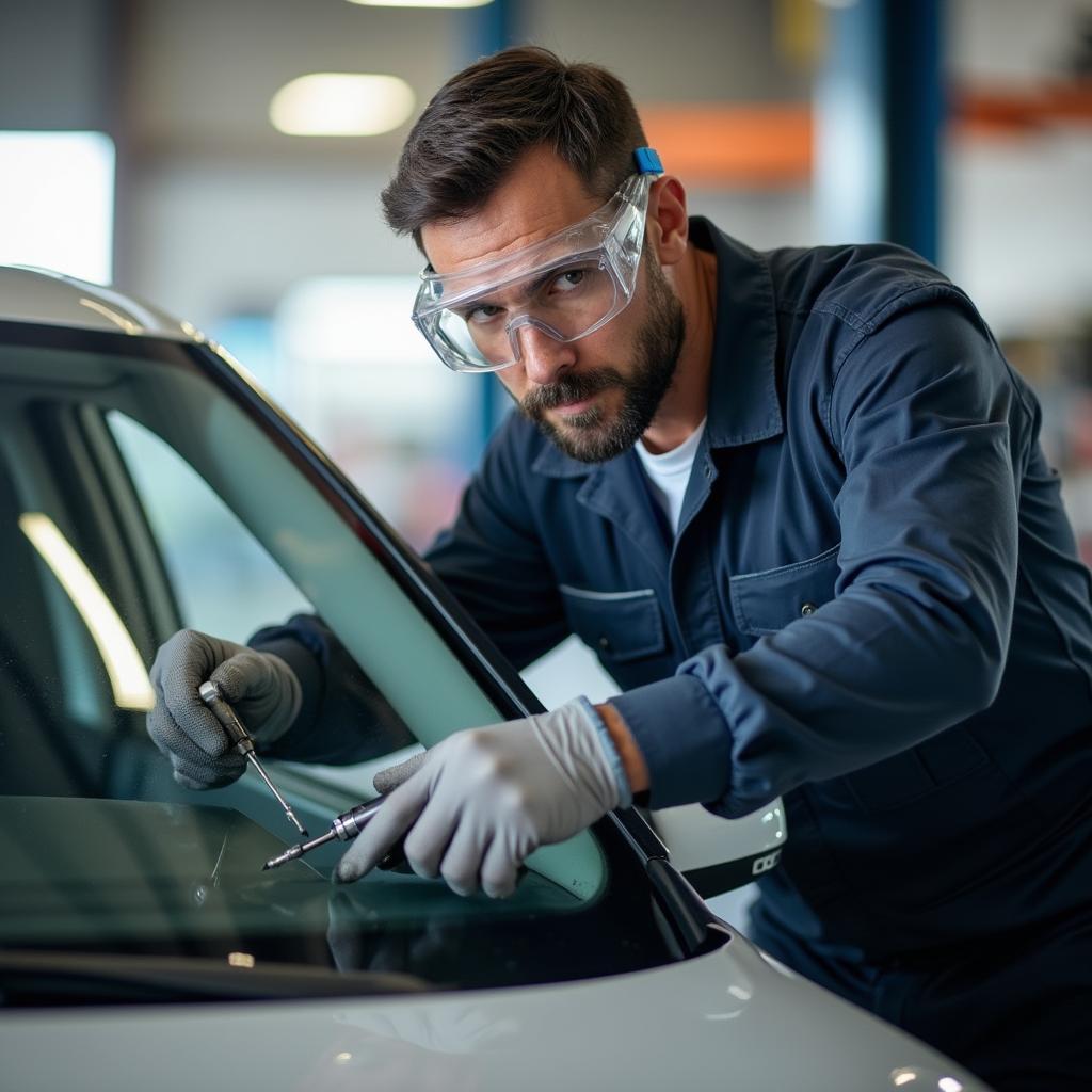 Certified Technician Repairing Windshield