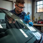 Close-up of a technician repairing a small chip in a car windshield using specialized resin in a Houston auto glass repair shop.