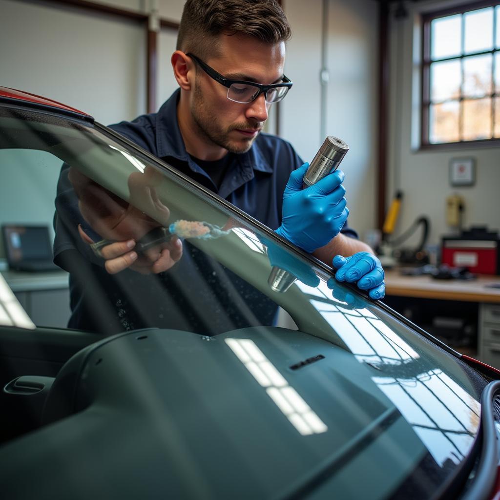 Close-up of a technician repairing a small chip in a car windshield using specialized resin in a Houston auto glass repair shop.