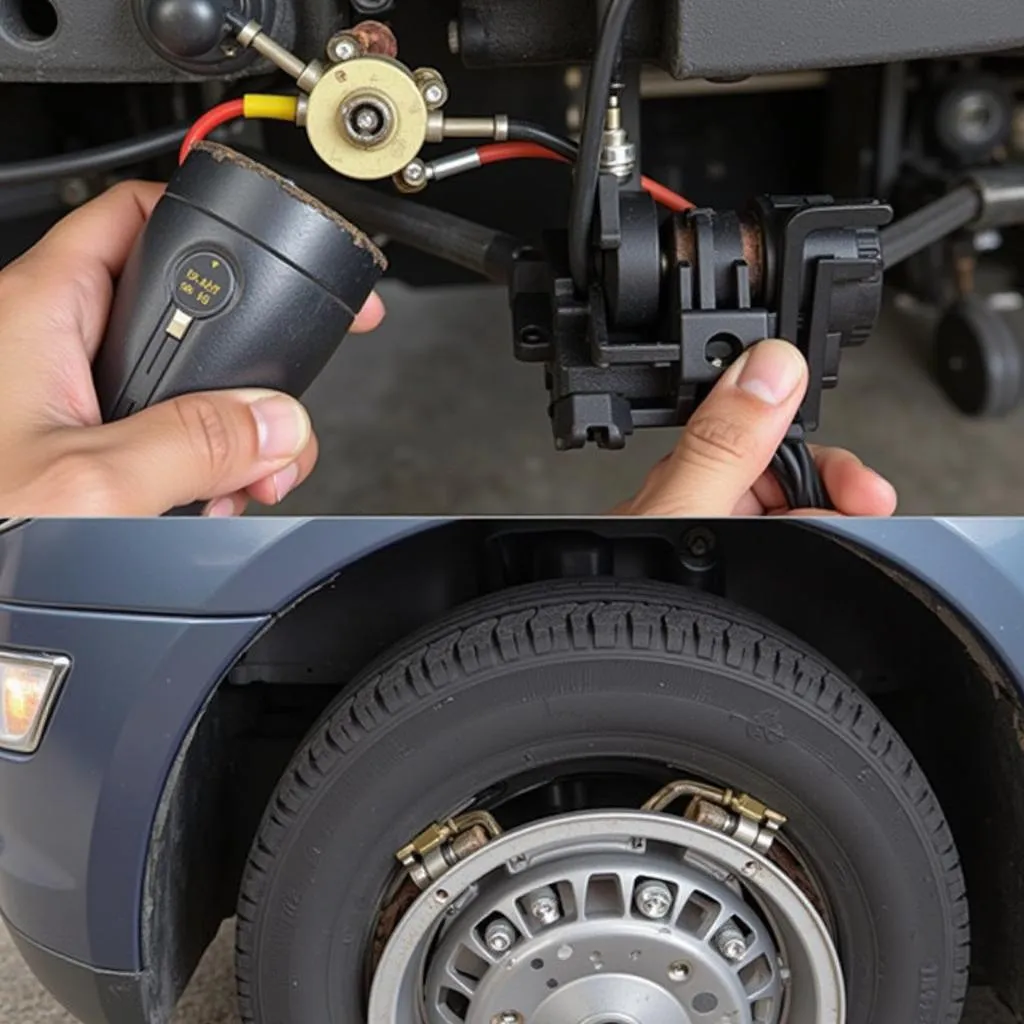 A mechanic inspecting the wiring harness connected to a car headlight.