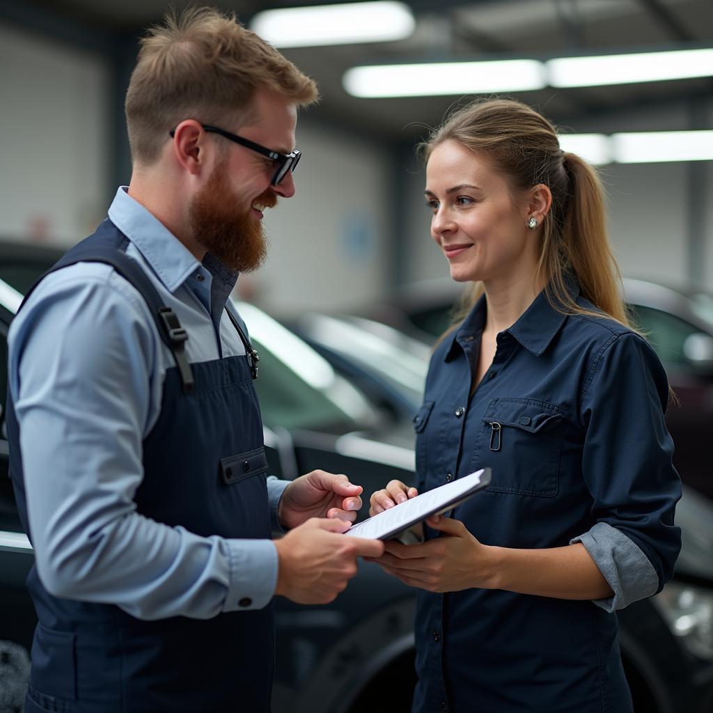 Customer service representative discussing car repair options with a client in Cheltenham