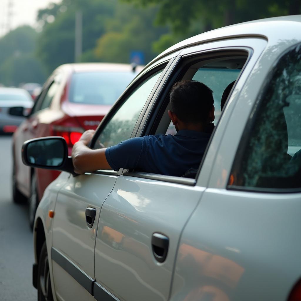 Car stuck in Chennai traffic with a malfunctioning power window