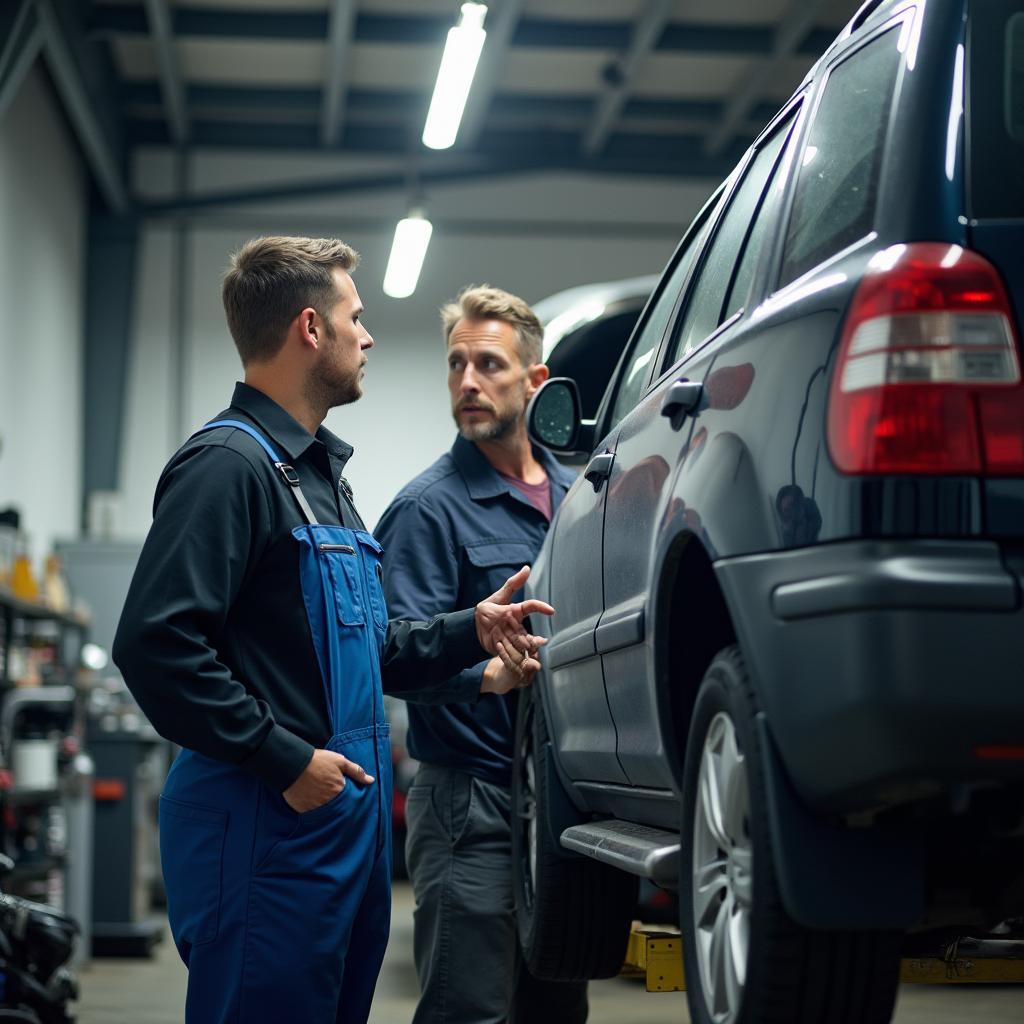 Chester car body repair shop with a customer