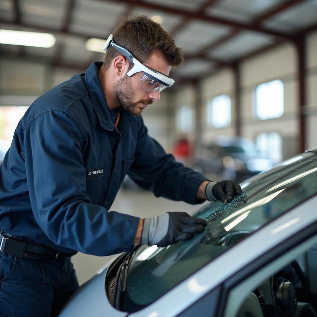 Car window repair technician in Chesterfield, MI inspecting a windshield