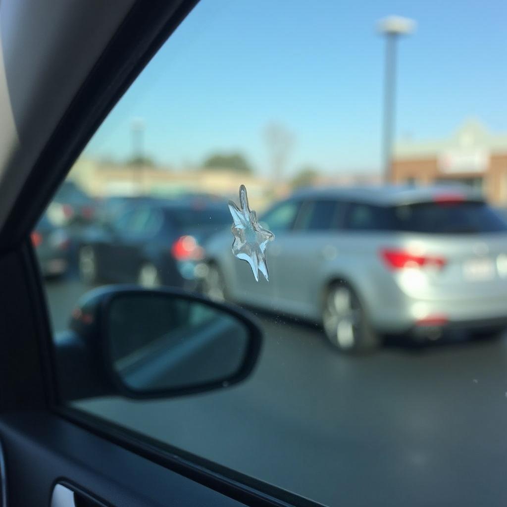 Close-up of a chipped car window in a parking lot