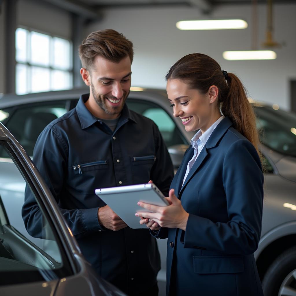 Customer reviewing car repair estimate with service advisor in Blackpool.