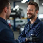 A customer talking to a mechanic in a car repair garage in Epsom.