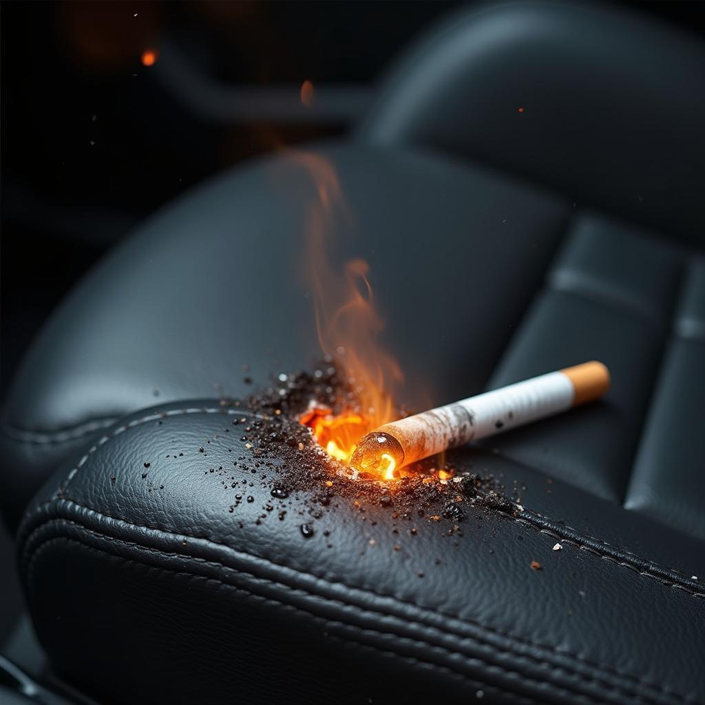 Close-up of a cigarette burn on a car seat