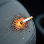 Close-up of a cigarette burn on a car seat