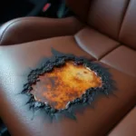 Close-up of a cigarette burn on a leather car seat