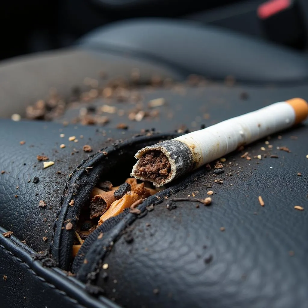 Close-up of a cigarette burn on a car seat