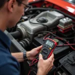 Mechanic using a multimeter to diagnose electrical issues on a classic car