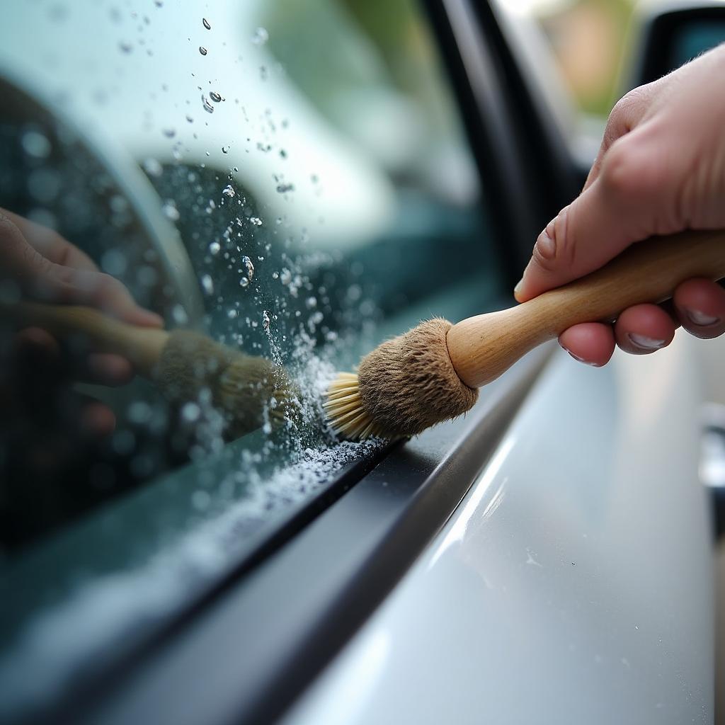  Cleaning the car window track with a brush