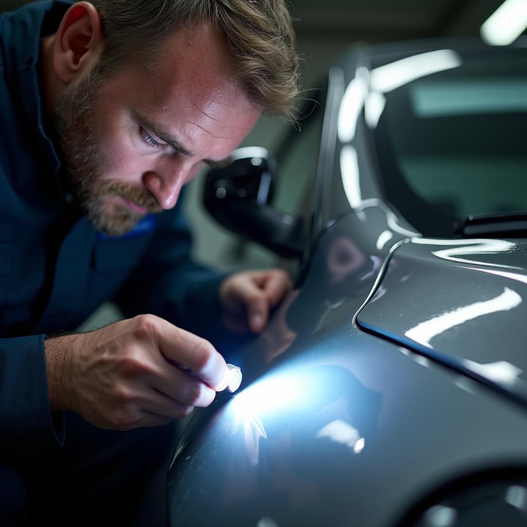 Car body repair technician assessing damage in Clitheroe