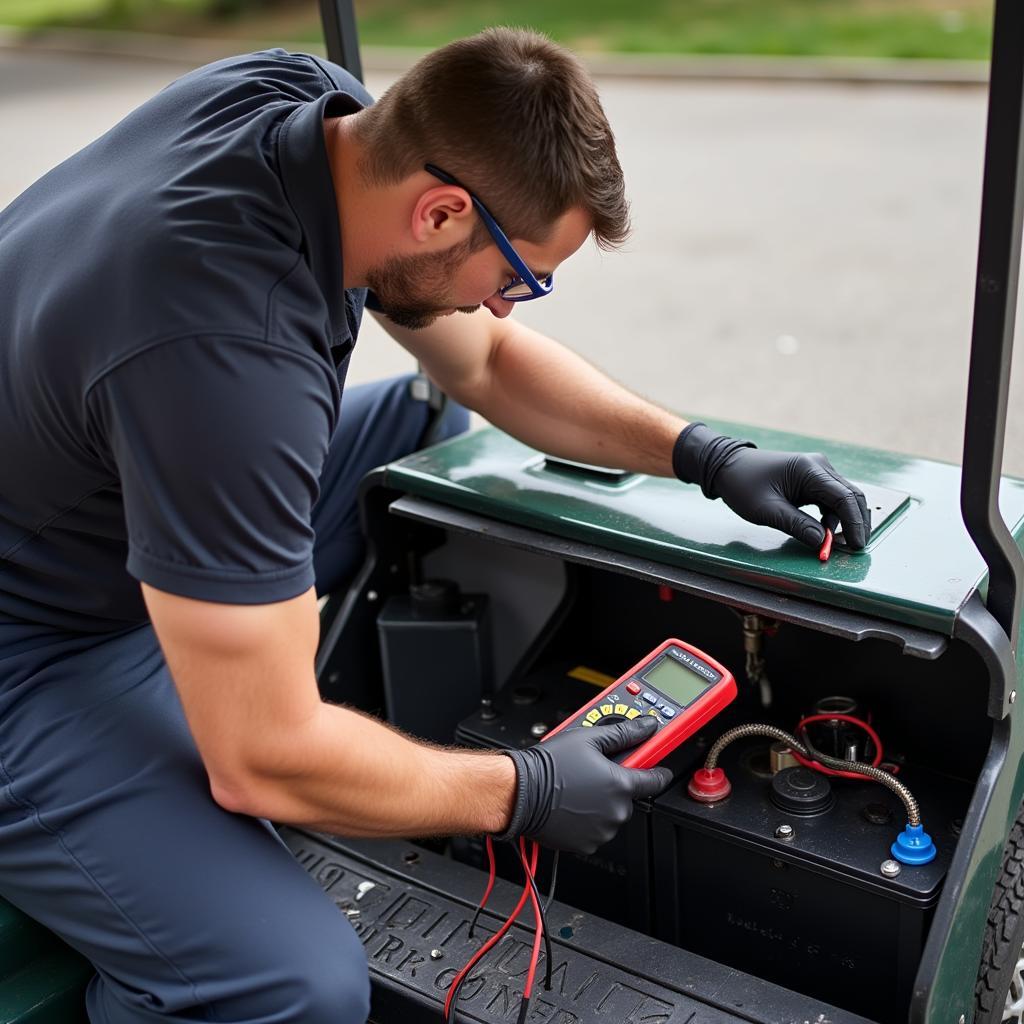 Checking the battery of a Club Car electric golf cart