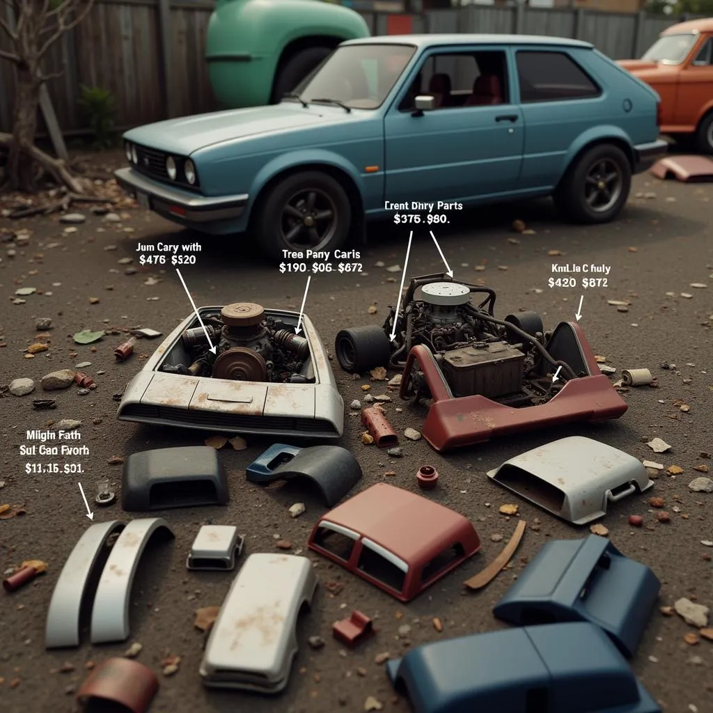 Car parts scattered in a junkyard in Car Mechanic Simulator 2021