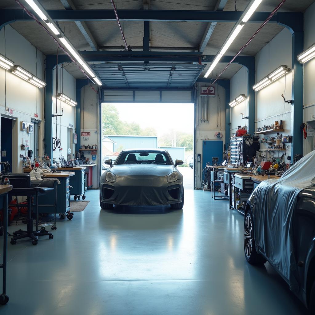 Interior of a car repair shop in Coalville Stephenson