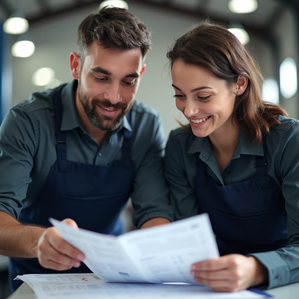 Customer discussing car repair estimates with a shop representative