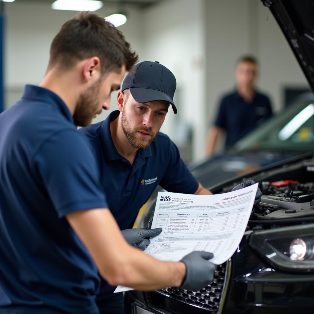 Mechanic discussing a car body repair estimate with a customer in Colchester