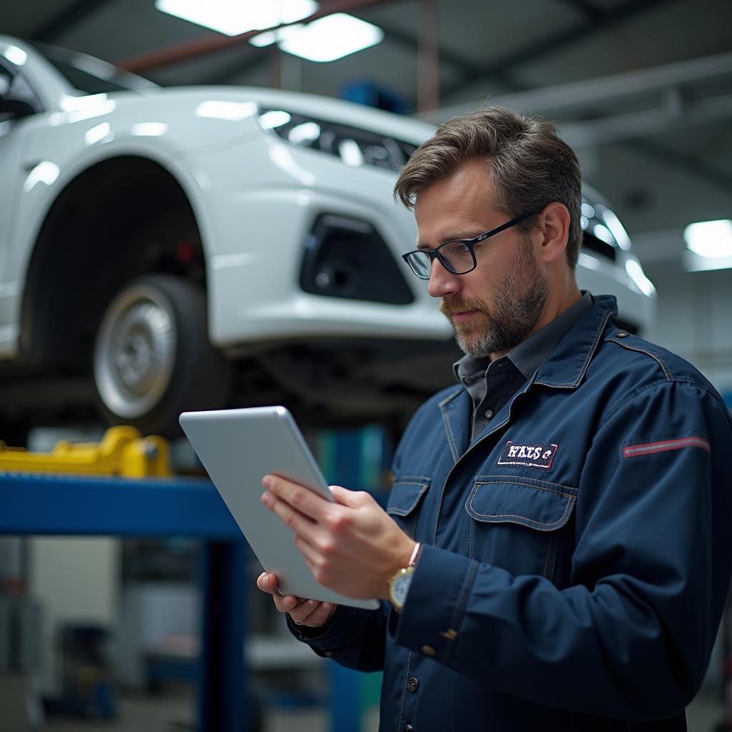 Collision Repair Technician Using Tablet