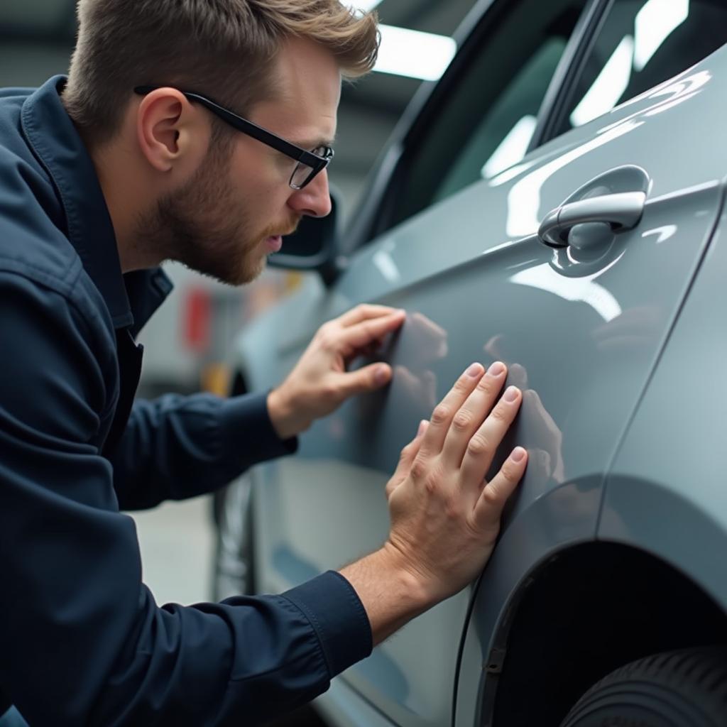 Mechanic inspecting damage on a car in Llandeilo