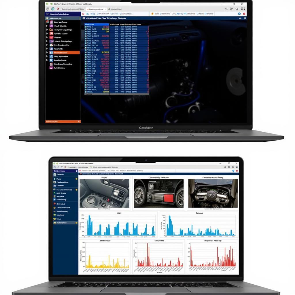 Laptop screen displaying different car diagnostic software interfaces