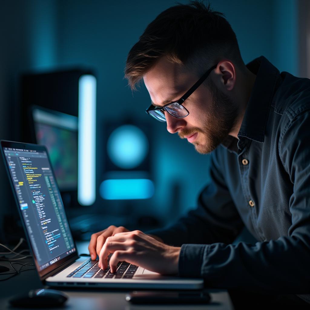 Computer technician diagnosing and repairing a laptop