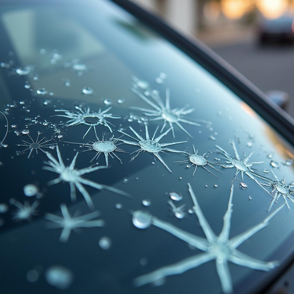 Car window with significant damage from impact