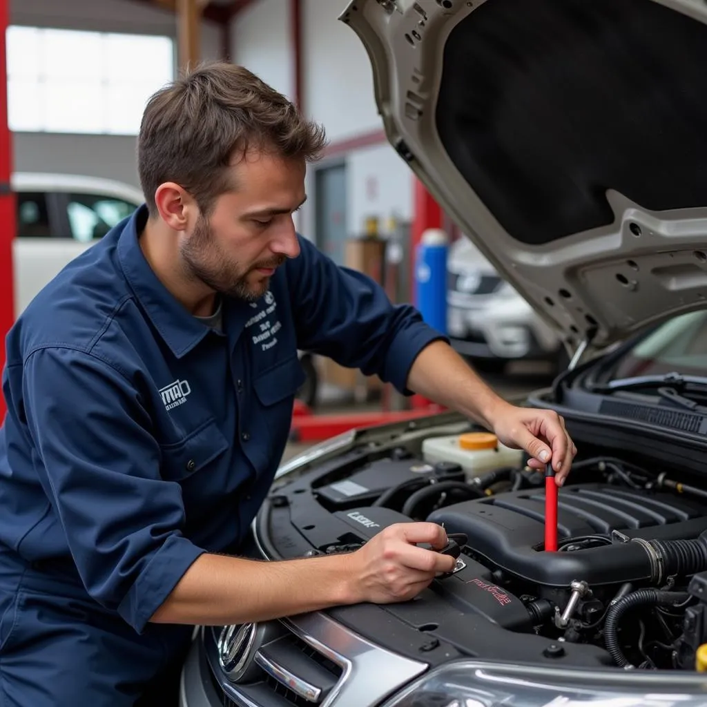 A mechanic in Costa Mesa performing a routine check on a car's air conditioning system