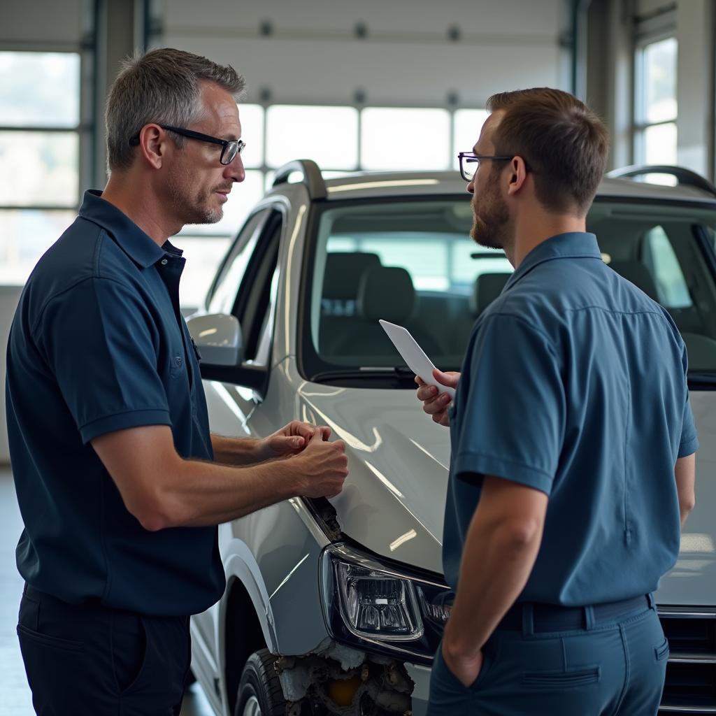 A customer discussing car body repair options with a technician in Crawley