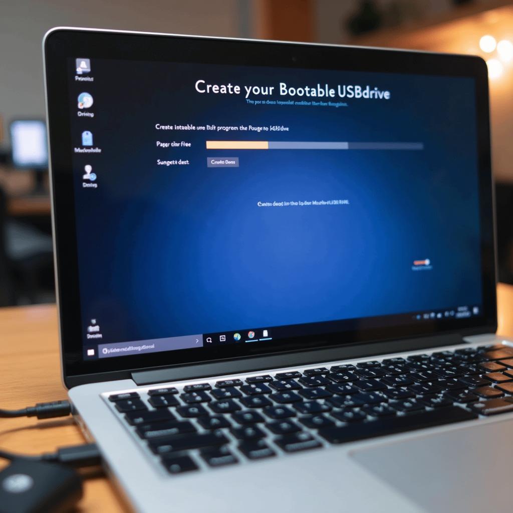 Laptop with a connected USB drive displaying a bootable USB creation process