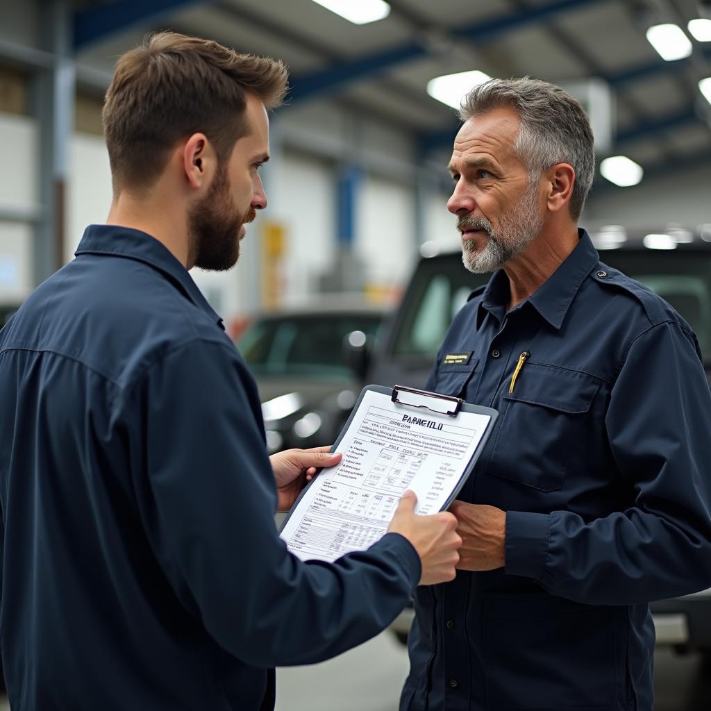 Customer and mechanic discussing car repair estimate.