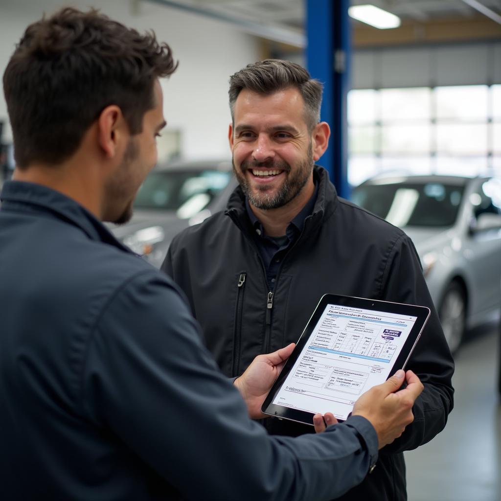 Customer discussing car repair options with advisor in Northfield