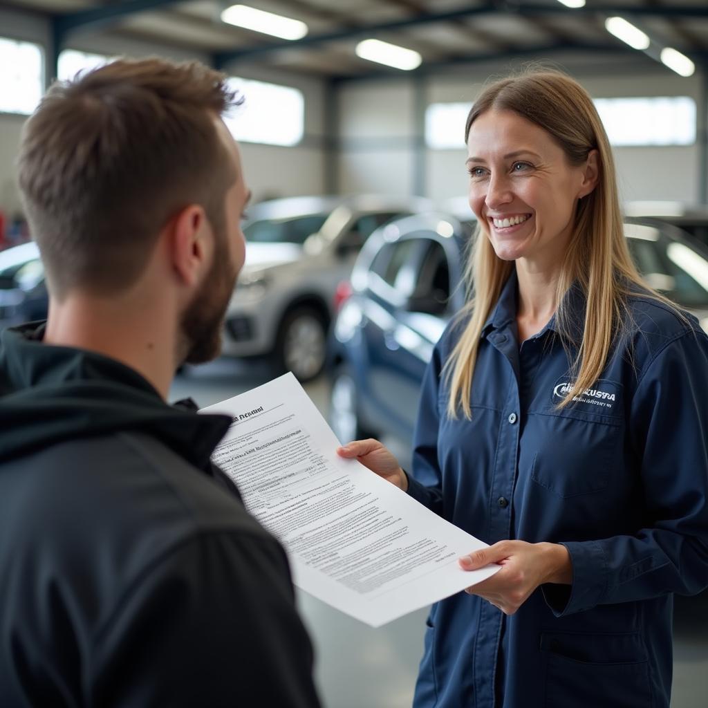  A customer discussing car repair options with a service advisor at a Banbury auto body shop.